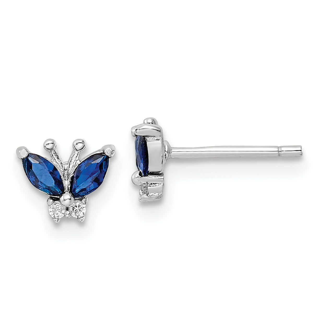 Sterling Silver Rhodium-plated Blue & White CZ Butterfly Post Earrings