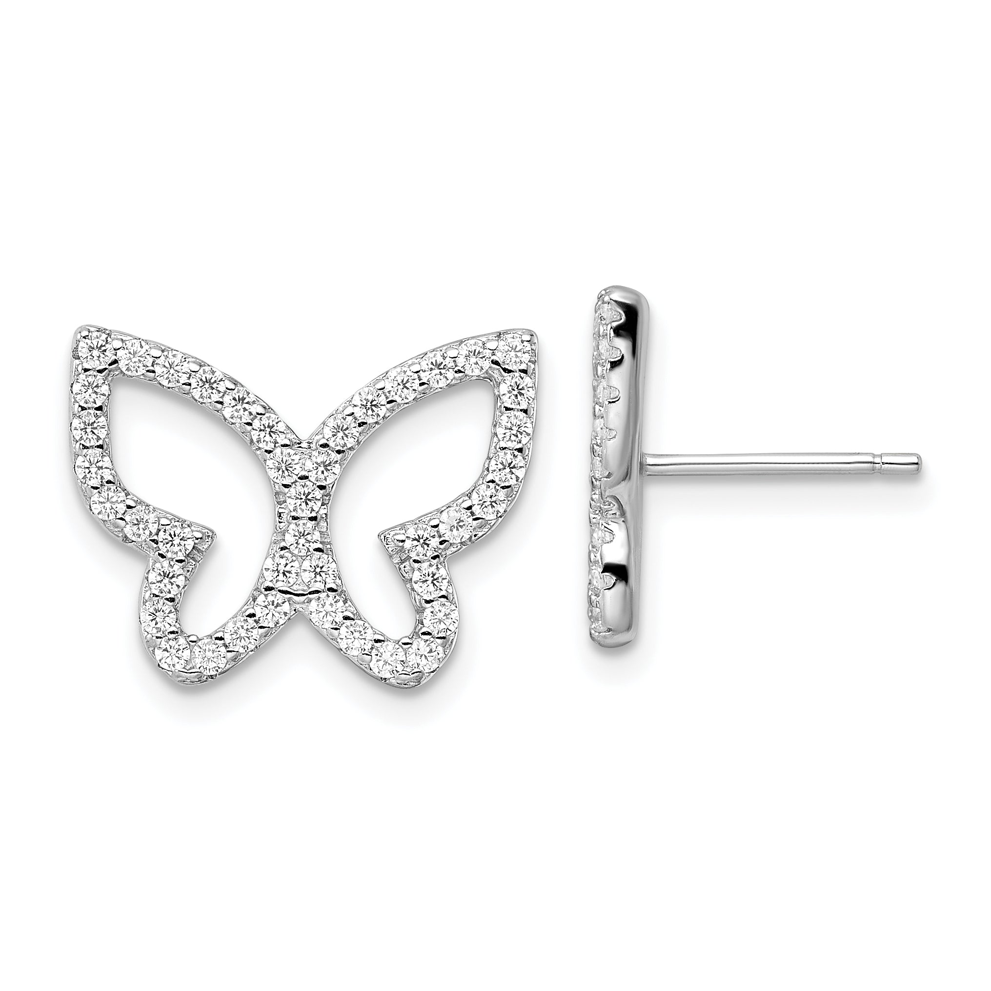 Sterling Silver Rhodium-plated Polished CZ Open Butterfly Post Earrings