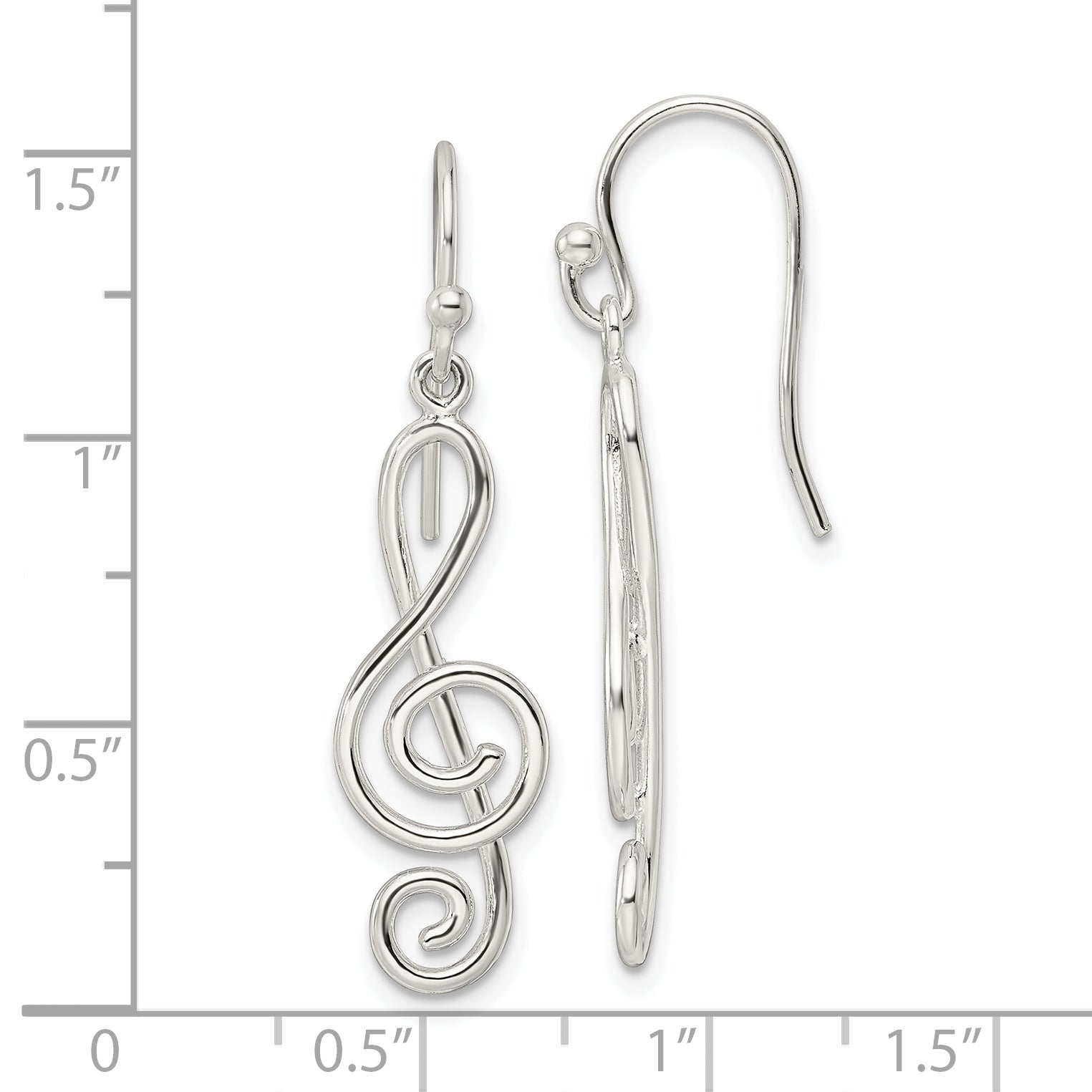 Sterling Silver Polished Treble Clef Dangle Shepherd Hook Earrings