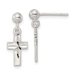 Sterling Silver Polished and D/C Latin Cross Post Dangle Earrings