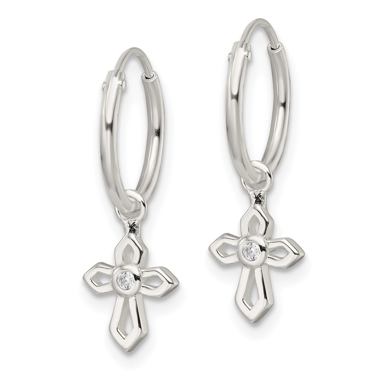 Sterling Silver Polished CZ Passion Cross Dangle Endless Hoop Earrings