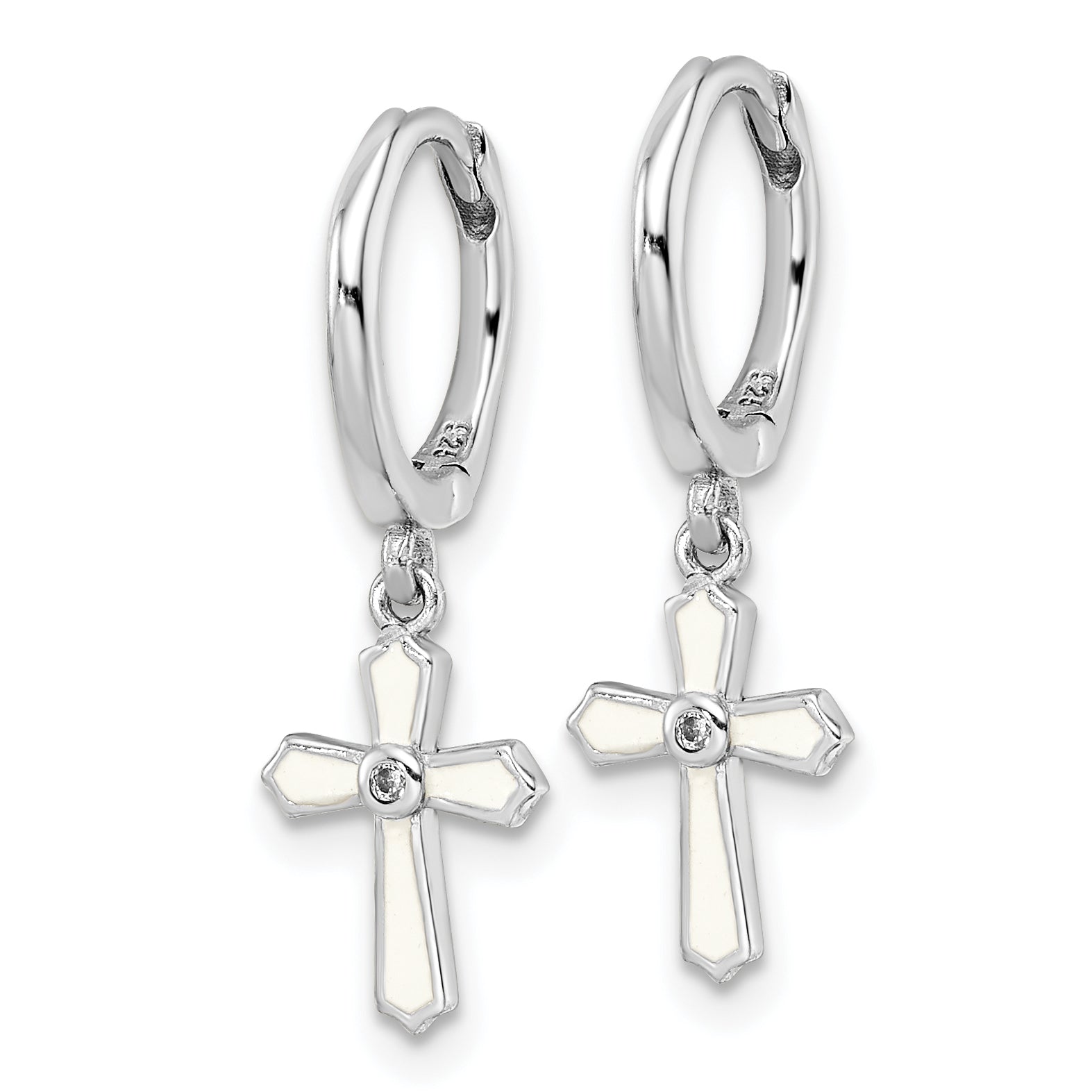 Sterling Silver Rhodium-plated Polished CZ & White Enamel Passion Cross Dangle Round Hoop Earrings