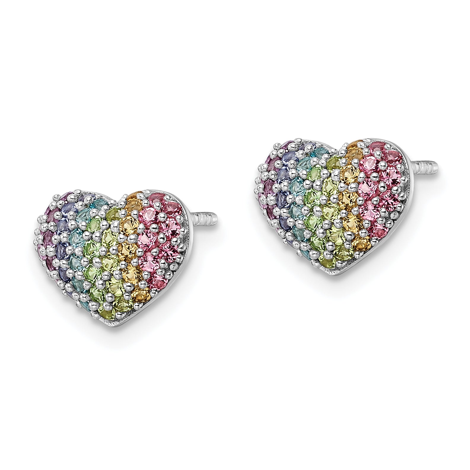 Sterling Silver Rhodium-plated Rainbow Crystal Heart Post Earrings