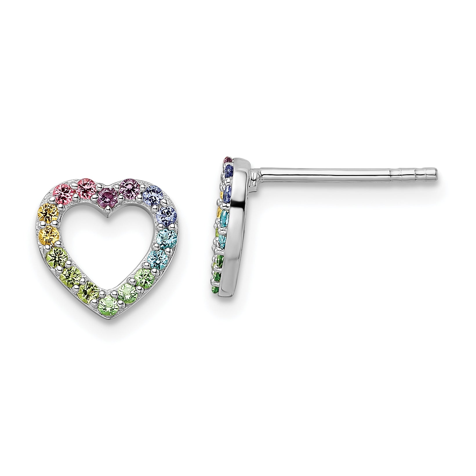 Sterling Silver RH-plated Rainbow Crystal Open Heart Post Earrings