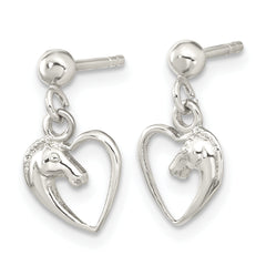 Sterling Silver Rhodium-plated Open Heart Horse Head Dangle Earrings