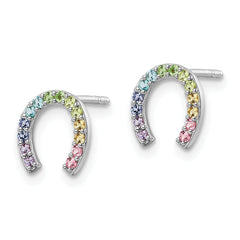 Sterling Silver RH-plated Rainbow Crystal Horseshoe Post Earrings