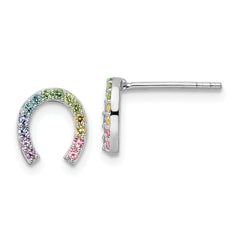 Sterling Silver RH-plated Rainbow Crystal Horseshoe Post Earrings