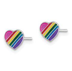 Sterling Silver Rhodium-plated Polished Rainbow Enameled Heart Children's Post Earrings