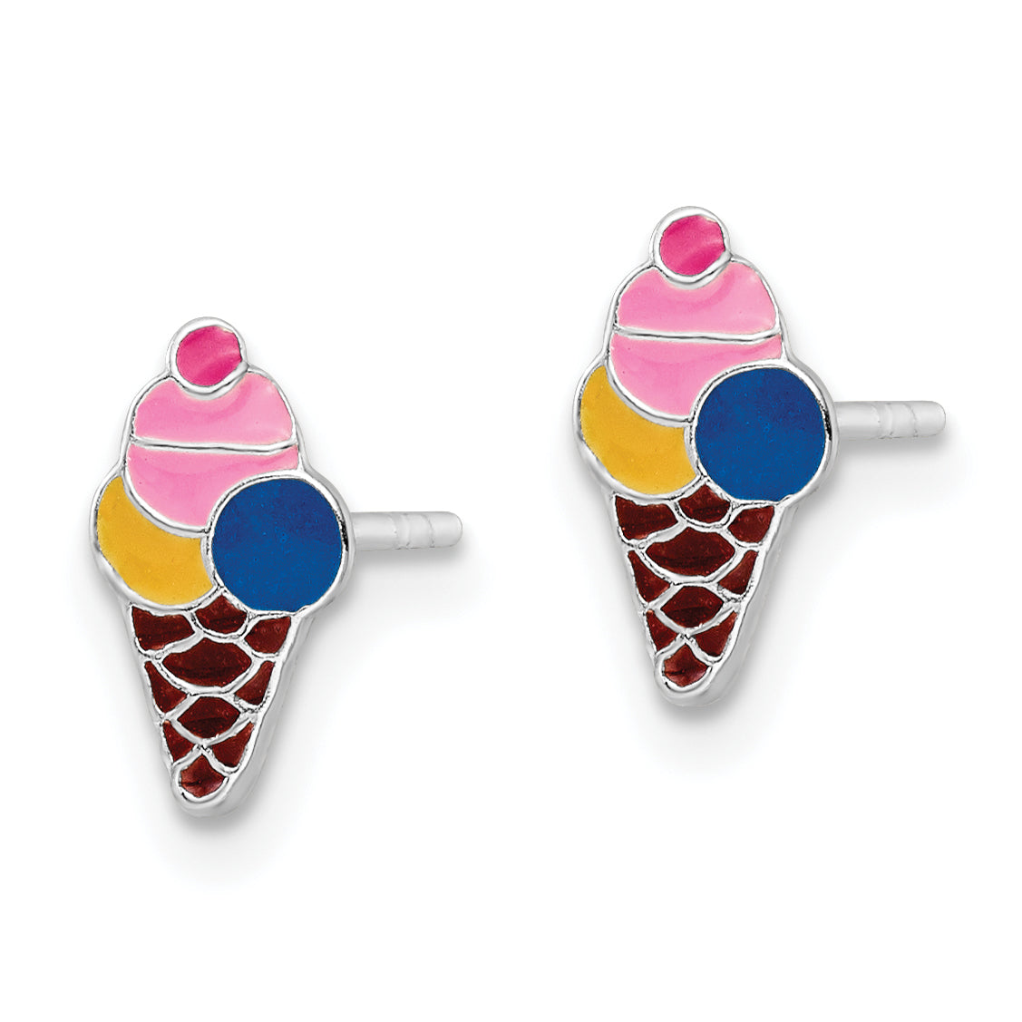 Sterling Silver Rhodium-plated Polished & Multi-color Enameled Ice Cream Cone Children's Post Earrings