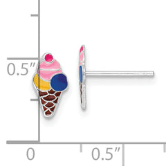 Sterling Silver Rhodium-plated Polished & Multi-color Enameled Ice Cream Cone Children's Post Earrings