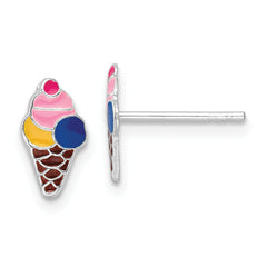 Sterling Silver Rhodium-plated Polished & Multi-color Enameled Ice Cream Cone Children's Post Earrings