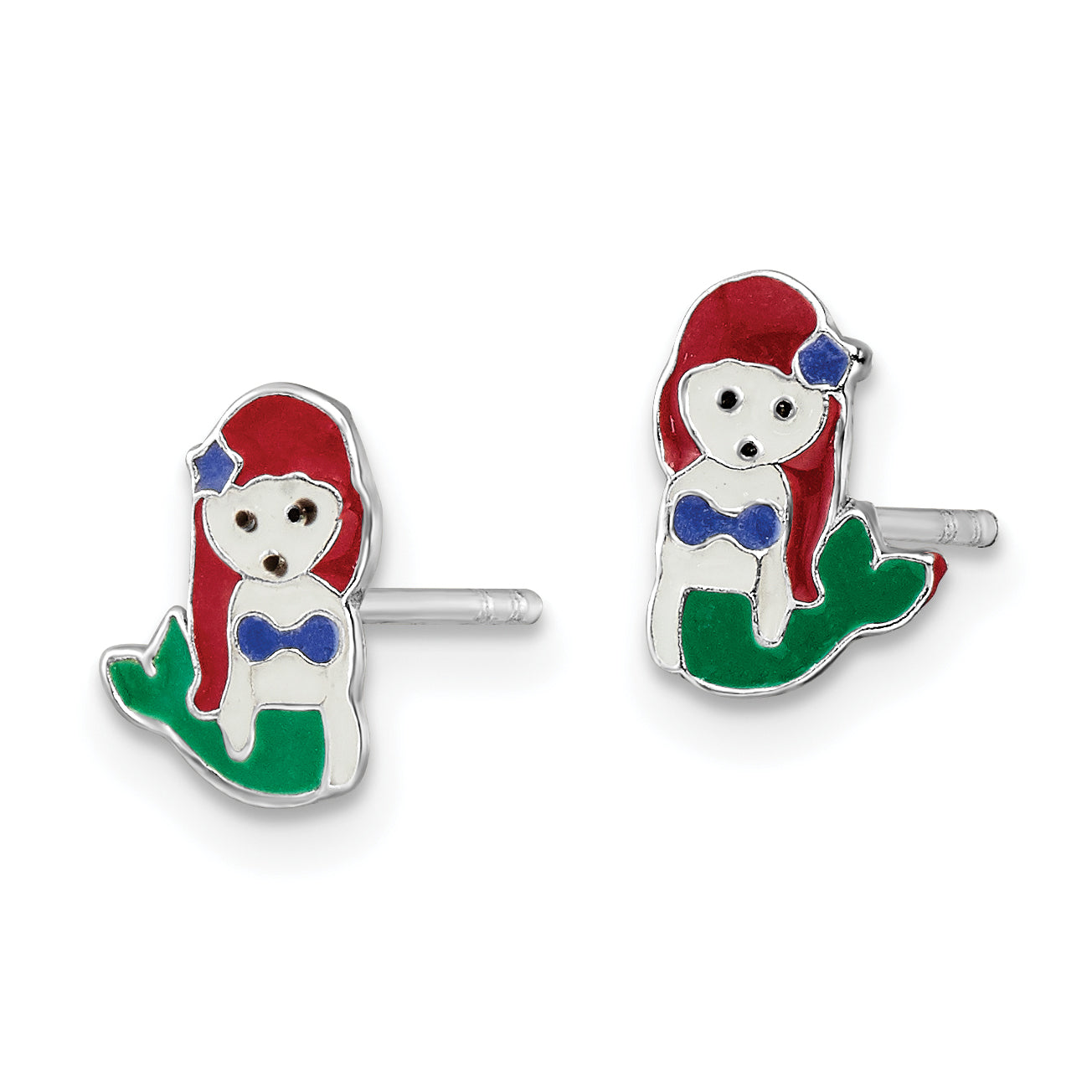 Sterling Silver Rhodium-plated Polished and Multi-color Enameled Mermaid Children's Post Earrings