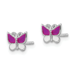 Sterling Silver Rhodium-plated Polished Pink & White Enameled Butterfly Children's Post Earrings