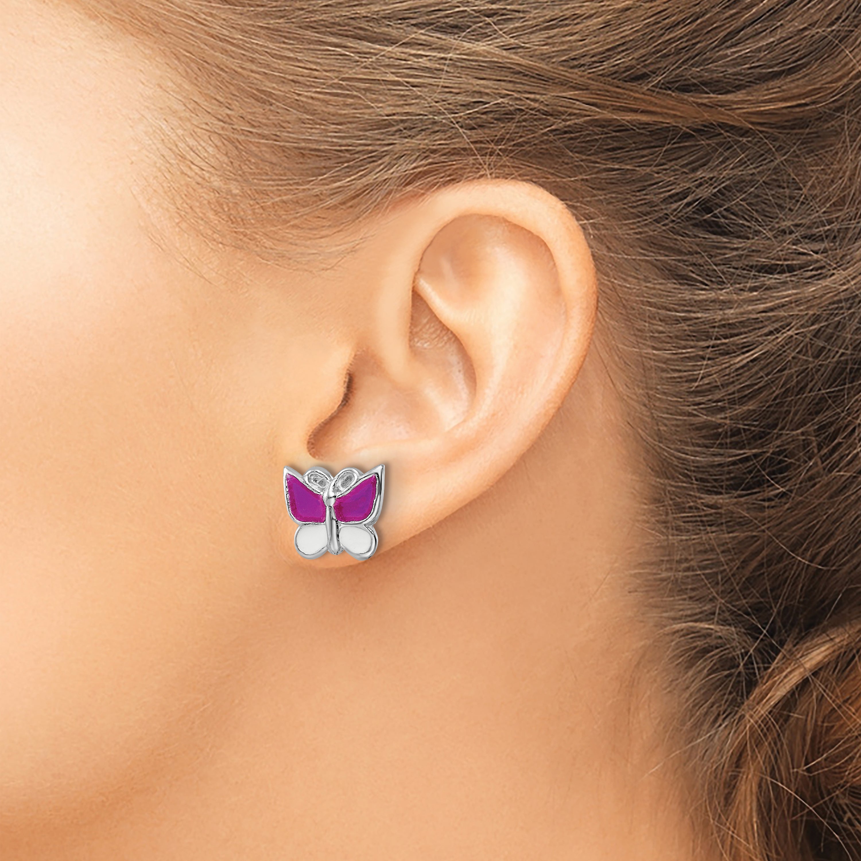 Sterling Silver Rhodium-plated Polished Pink & White Enameled Butterfly Children's Post Earrings