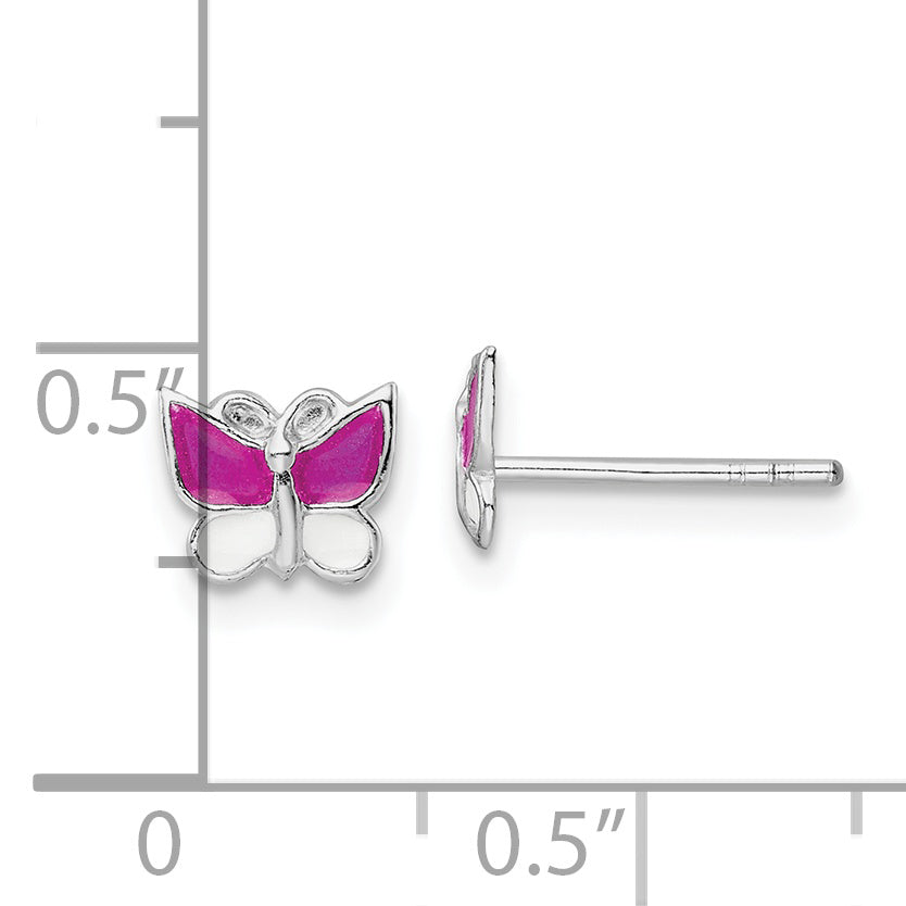 Sterling Silver Rhodium-plated Polished Pink & White Enameled Butterfly Children's Post Earrings