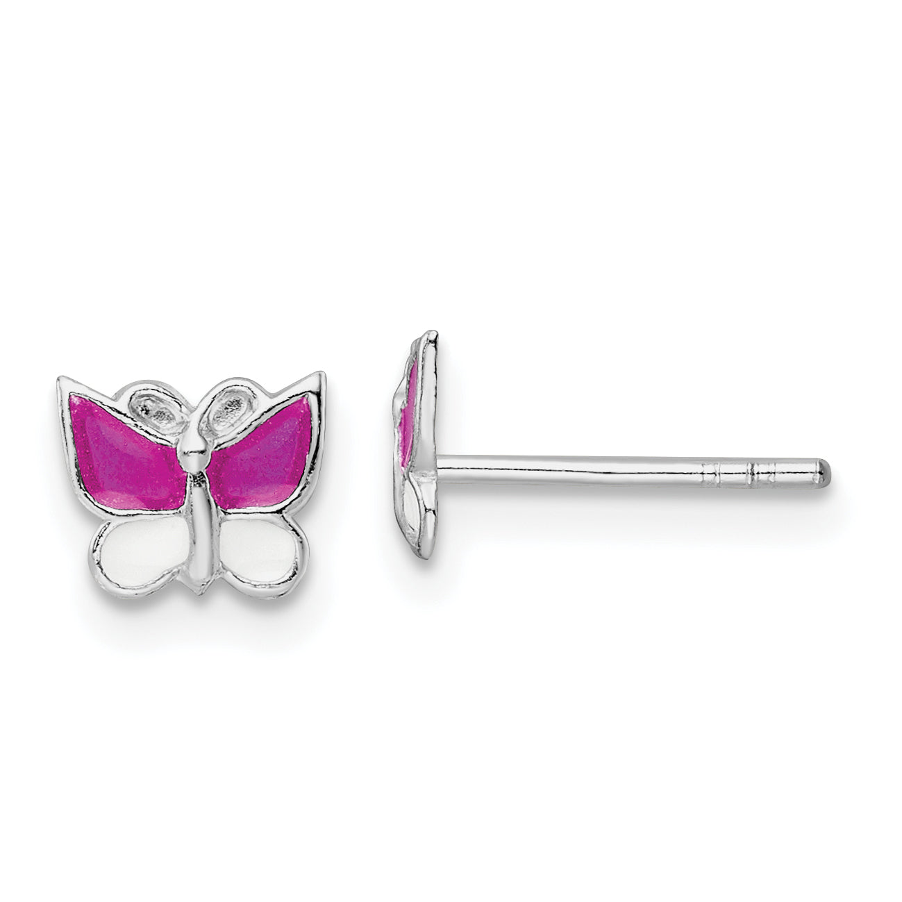 Sterling Silver Rhodium-plated Polished Pink & White Enameled Butterfly Children's Post Earrings