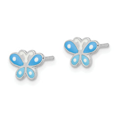 Sterling Silver Rhodium-plated Polished Blue Enameled Butterfly Children's Post Earrings