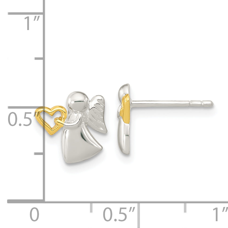 Sterling Silver Angel Gold Tone Heart Polished Post Earrings