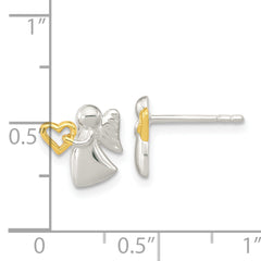 Sterling Silver Angel Gold Tone Heart Polished Post Earrings