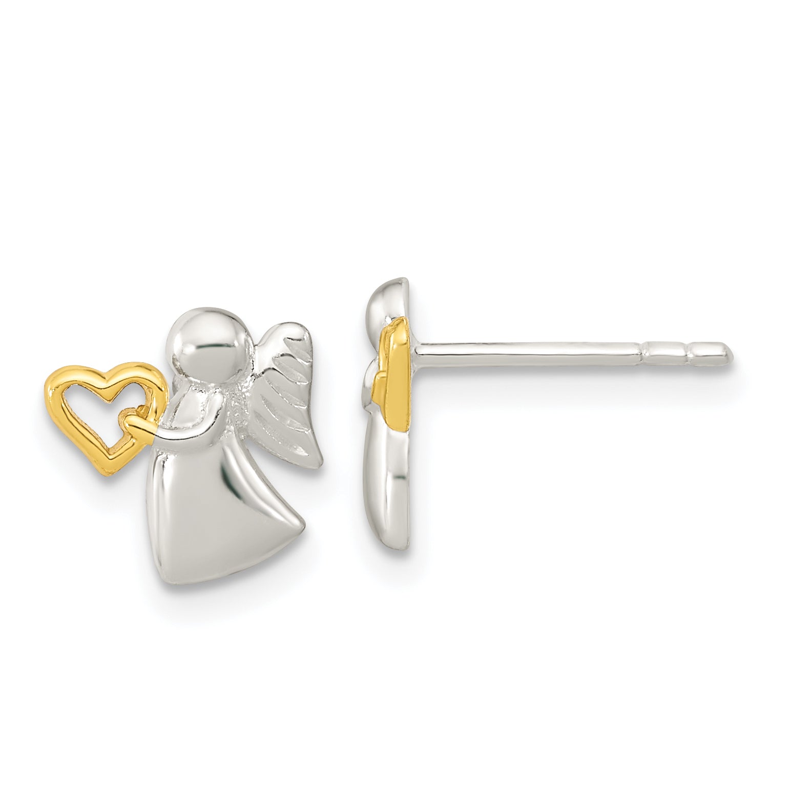 Sterling Silver Angel Gold Tone Heart Polished Post Earrings