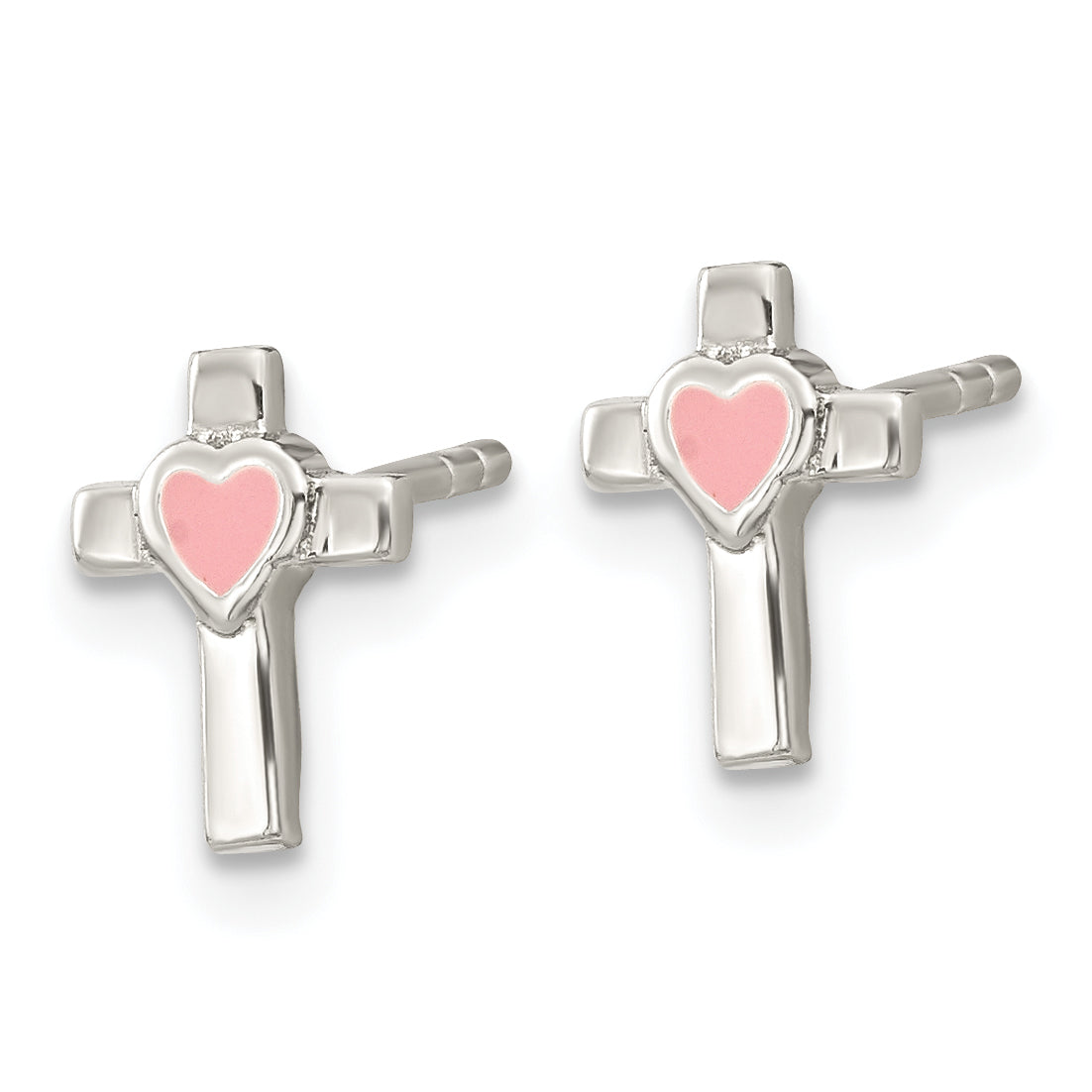 Sterling Silver Rhodium-plated Cross Pink Enamel Heart Post Earrings