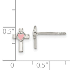 Sterling Silver Rhodium-plated Cross Pink Enamel Heart Post Earrings