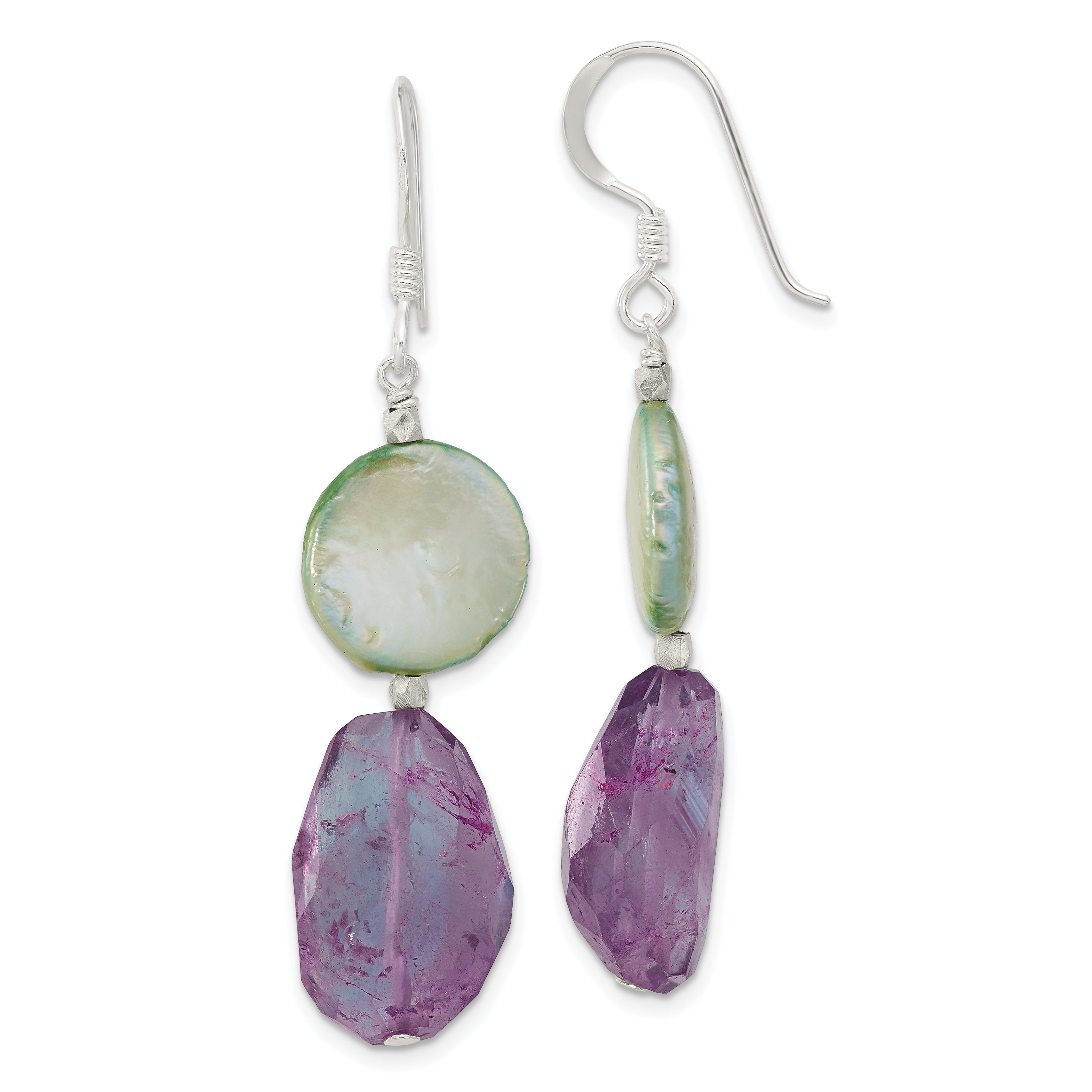 Sterling Silver Amethyst and Green Pearl Dangle Shepherd Earrings