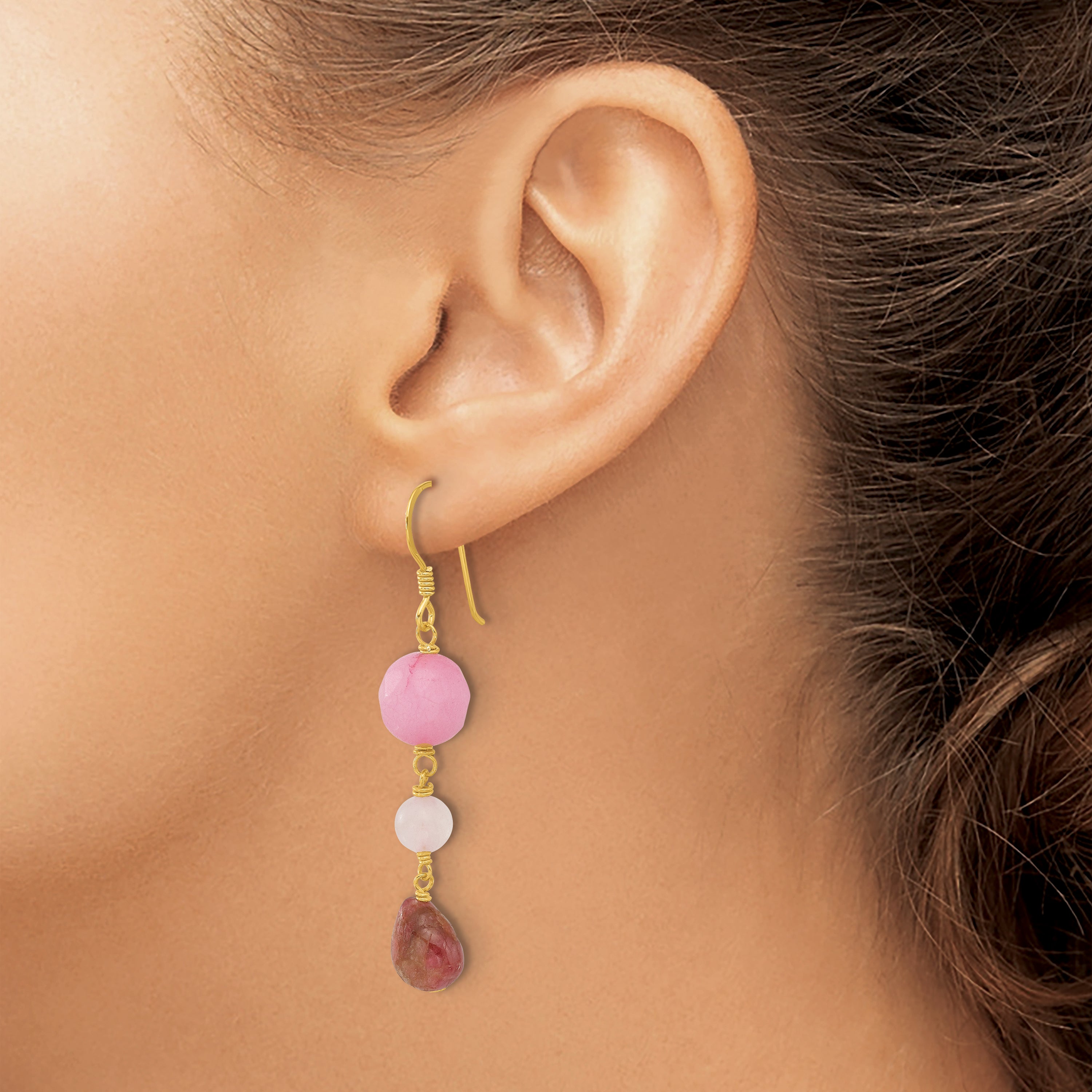 Sterling Silver Gold-plated Jade/Rose Quartz/Tourmaline Earrings