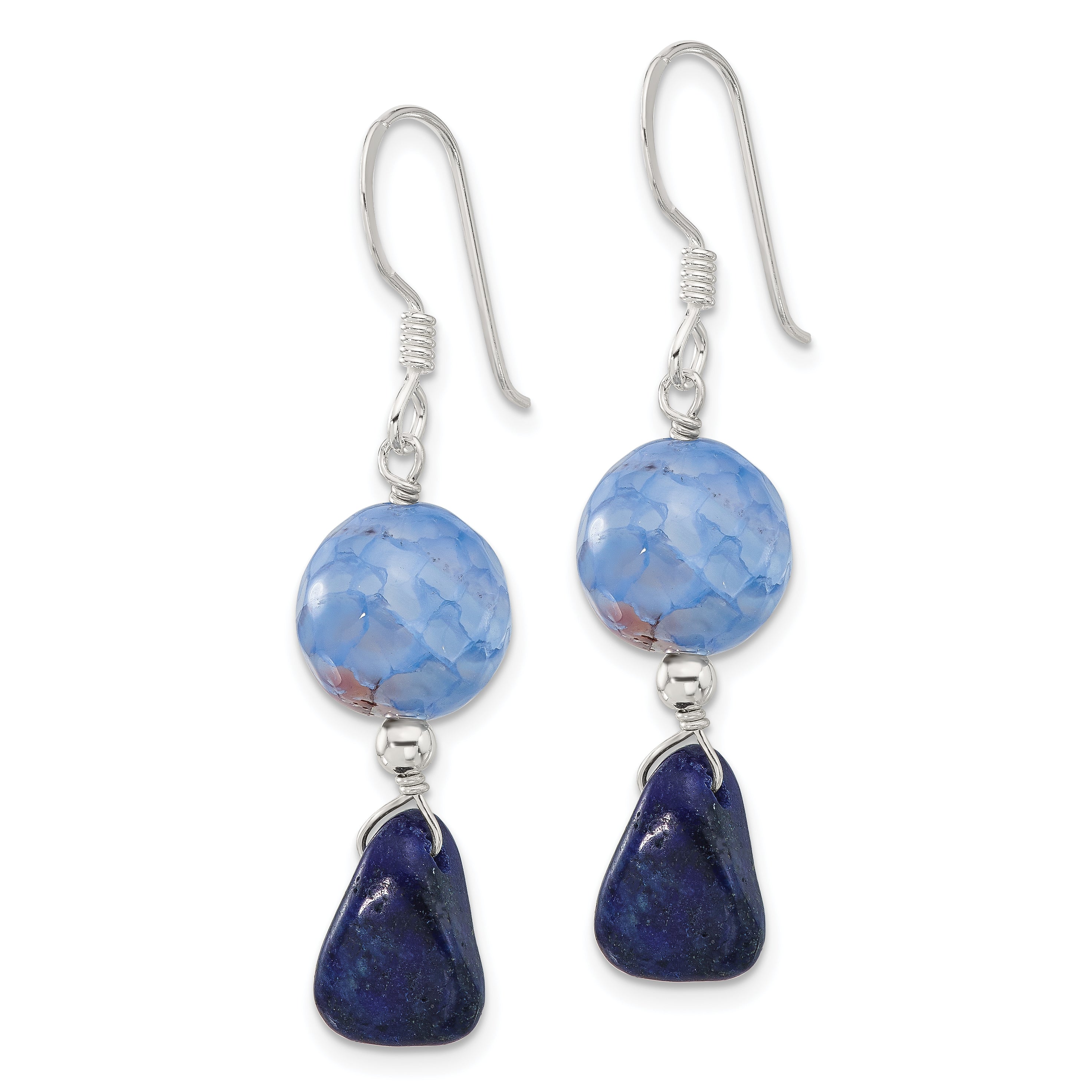 Sterling Silver Blue Agate w/Shell and Lapis Shepherd Hook Earrings