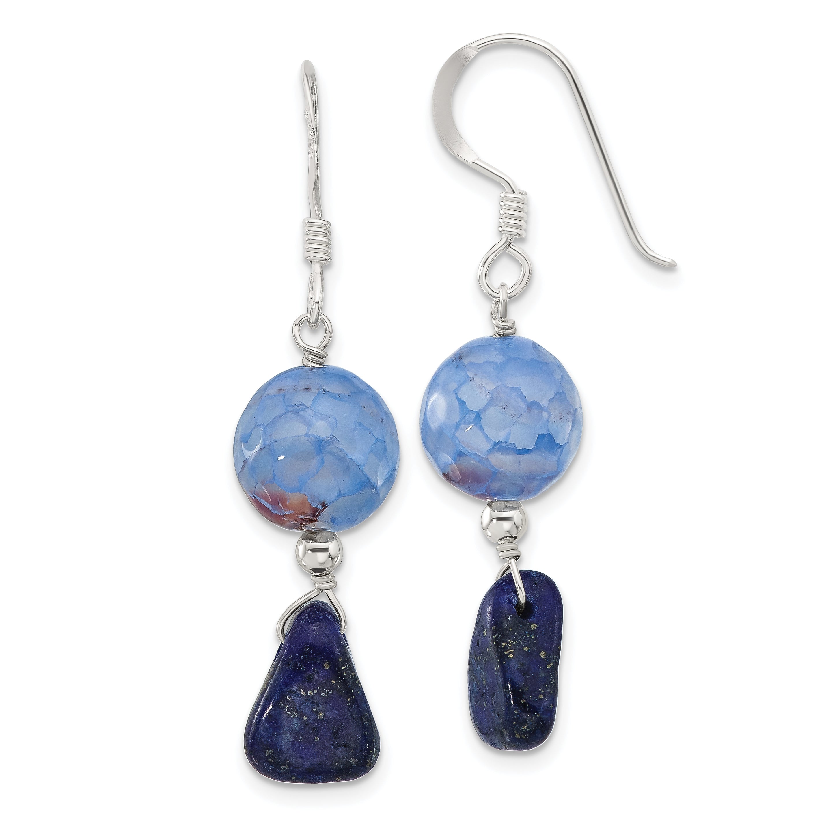 Sterling Silver Blue Agate w/Shell and Lapis Shepherd Hook Earrings