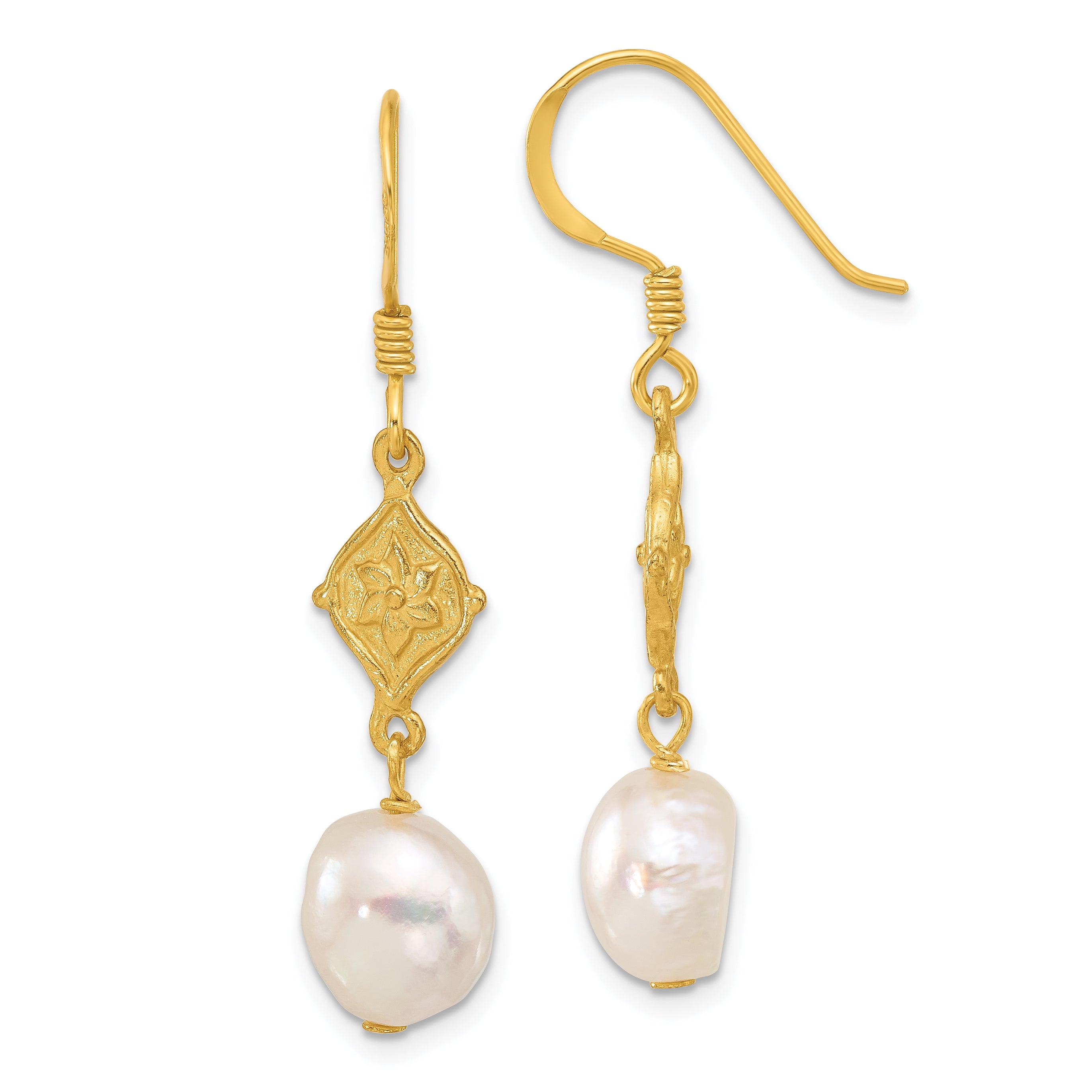 Sterling Silver Gold-plated FWC Pearl Flower Dangle Earrings