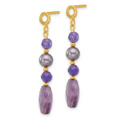 Sterling Silver Gold-plated Blk FWC Pearl/Amethyst/Quartz Earrings