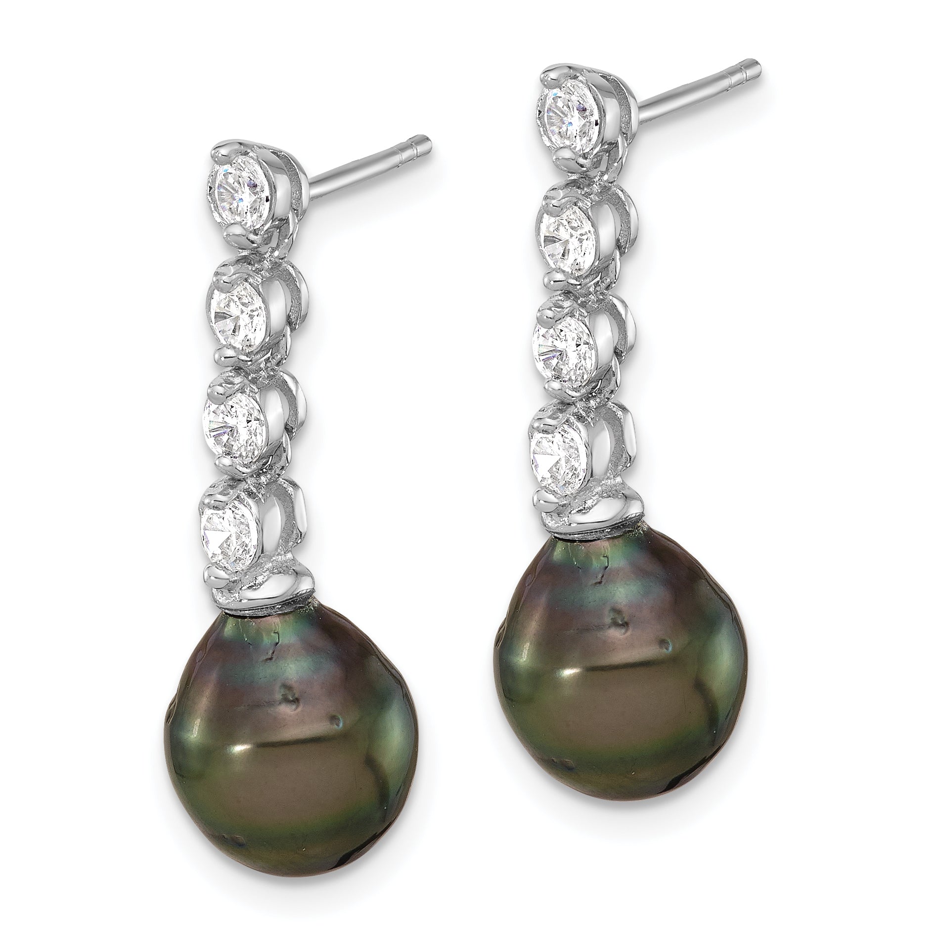 Sterling Silver RH-plated 9-10mm Tahitian Pearl/CZ Post Dangle Earrings