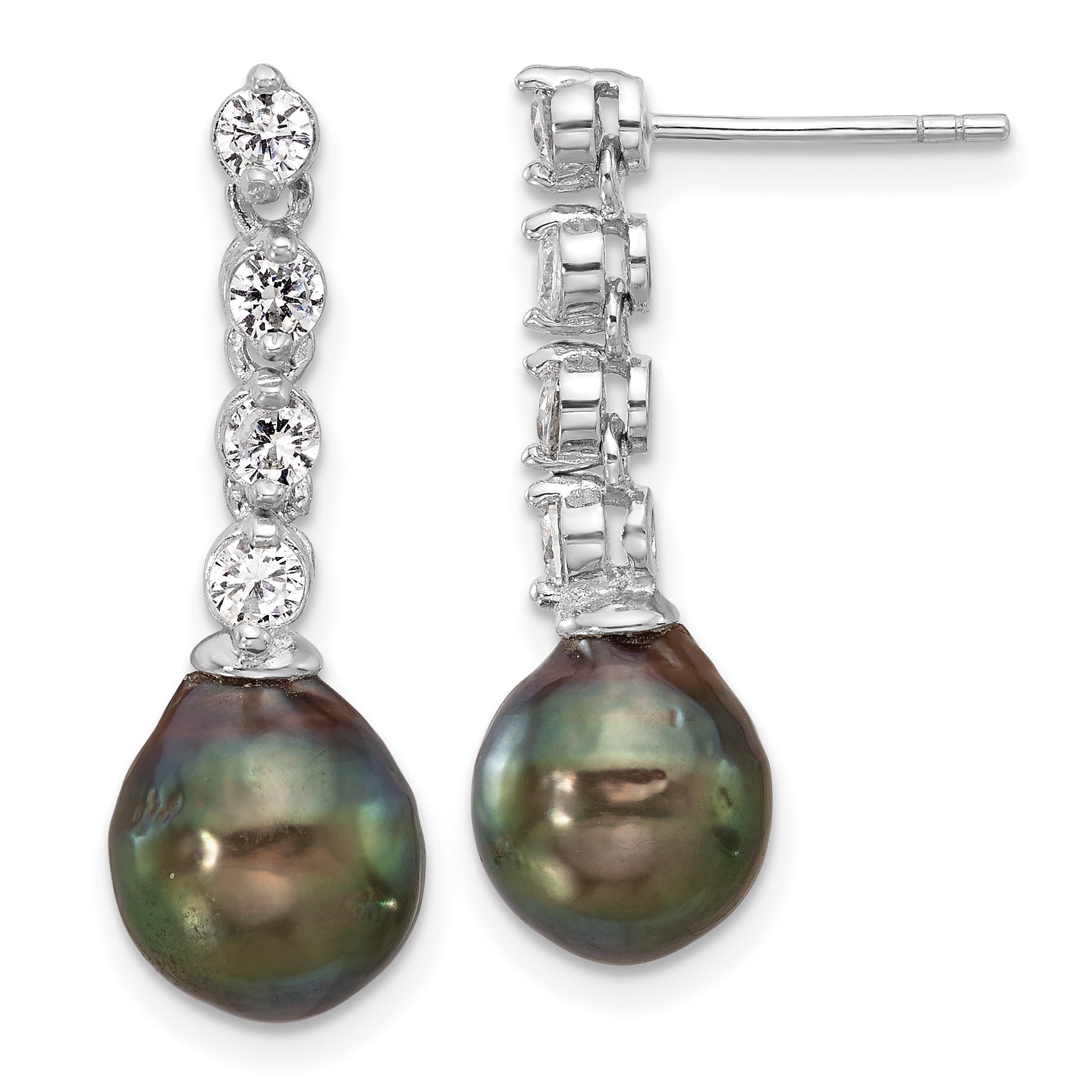 Sterling Silver RH-plated 9-10mm Tahitian Pearl/CZ Post Dangle Earrings