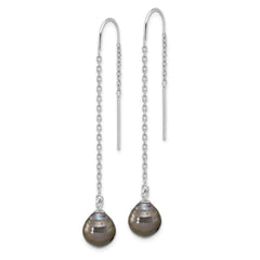 Sterling Silver Rhodium-plated Black Tahitian Pearl Threader Earrings