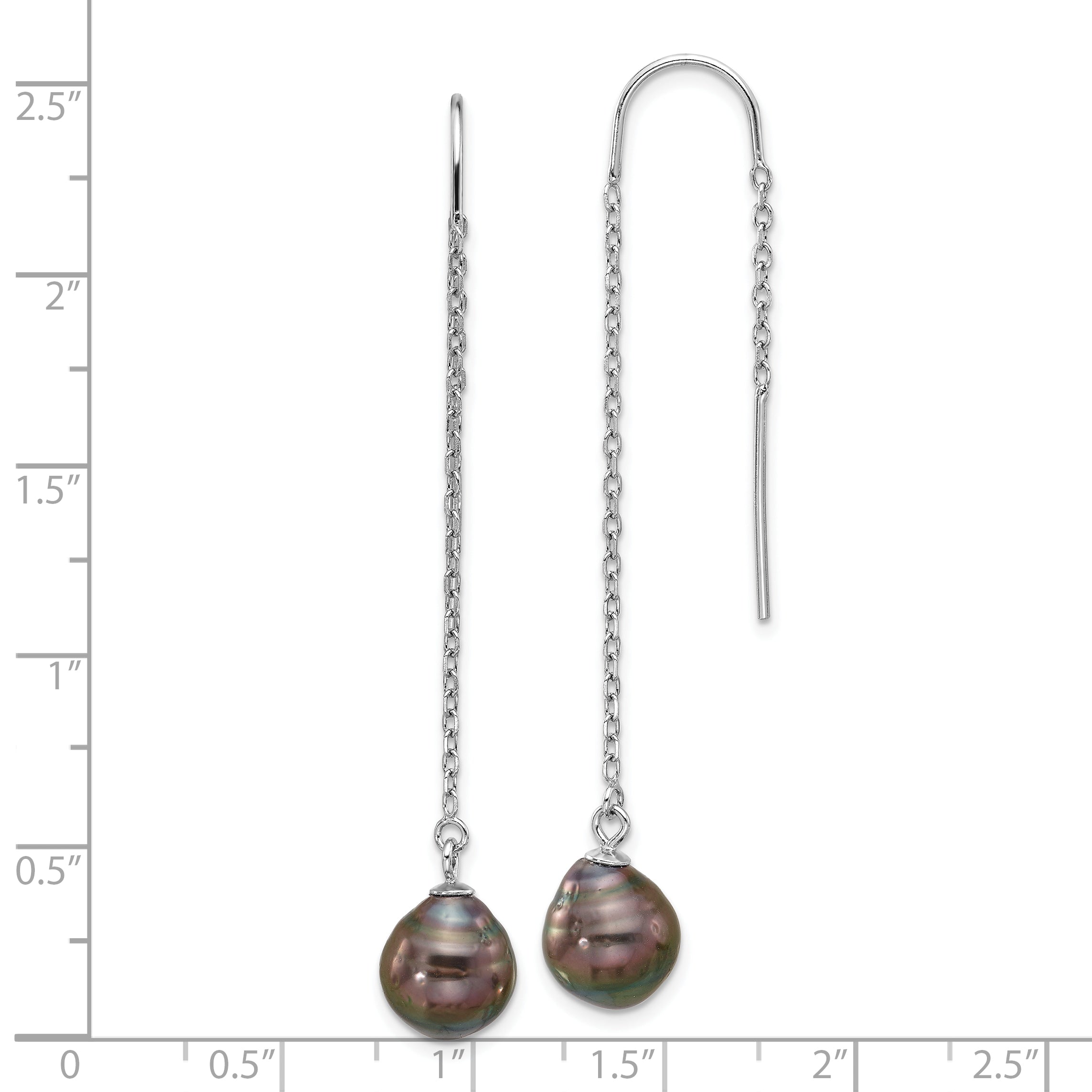 Sterling Silver Rhodium-plated Black Tahitian Pearl Threader Earrings