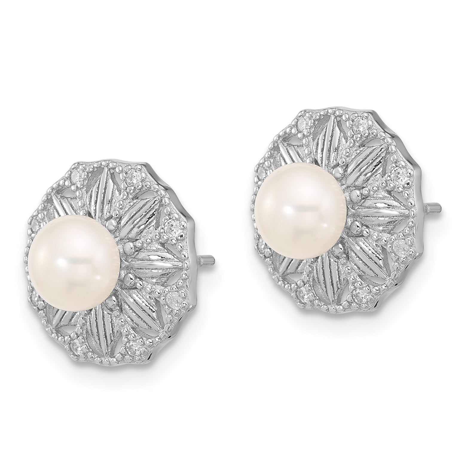 Sterling Silver RH-plated Textured 5-6mm FWC Pearl Flower Post Earrings