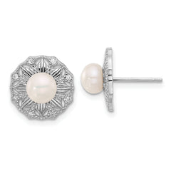 Sterling Silver RH-plated Textured 5-6mm FWC Pearl Flower Post Earrings