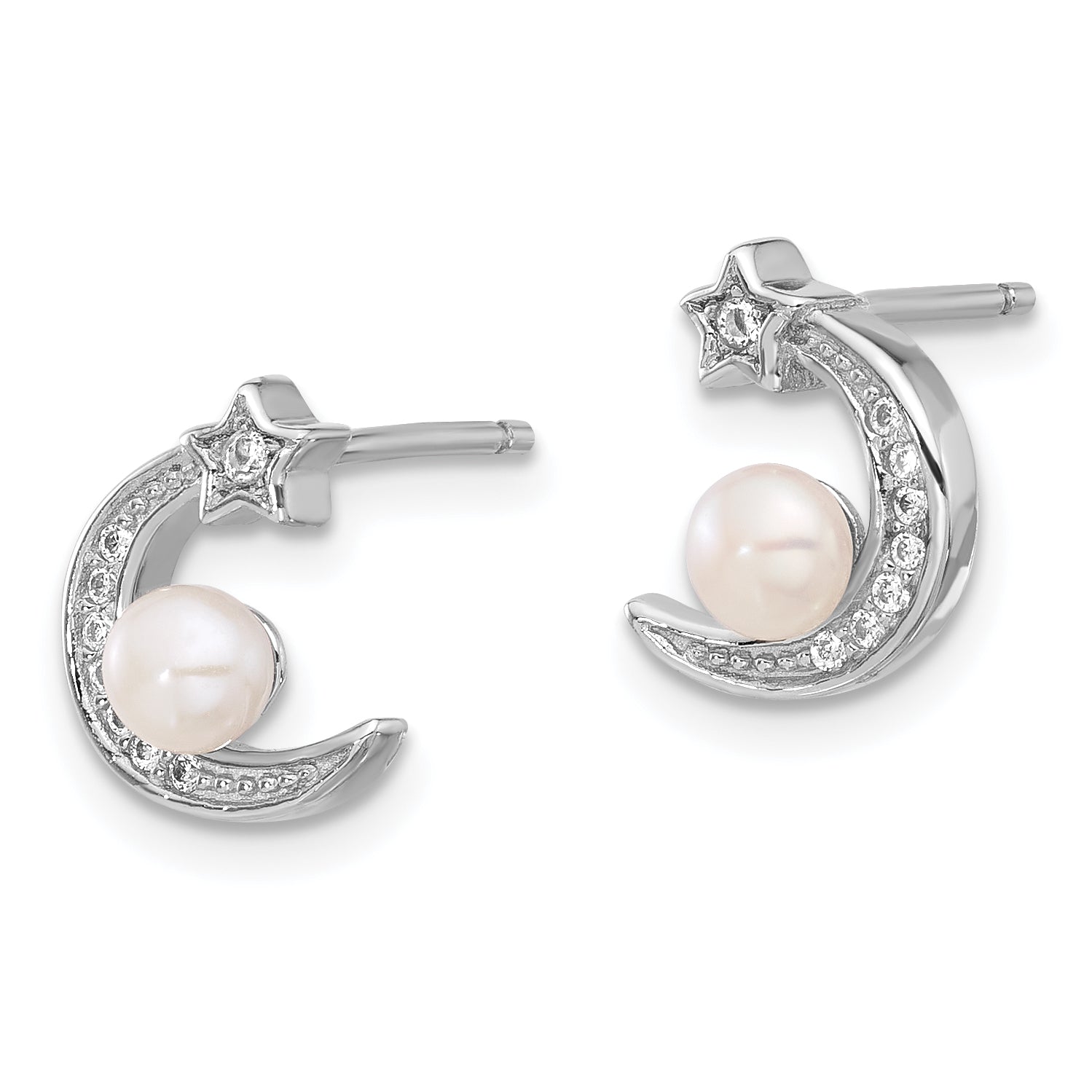 Sterling Silver Rhod-plated CZ and FWC Pearl Moon and Star Post Earrings