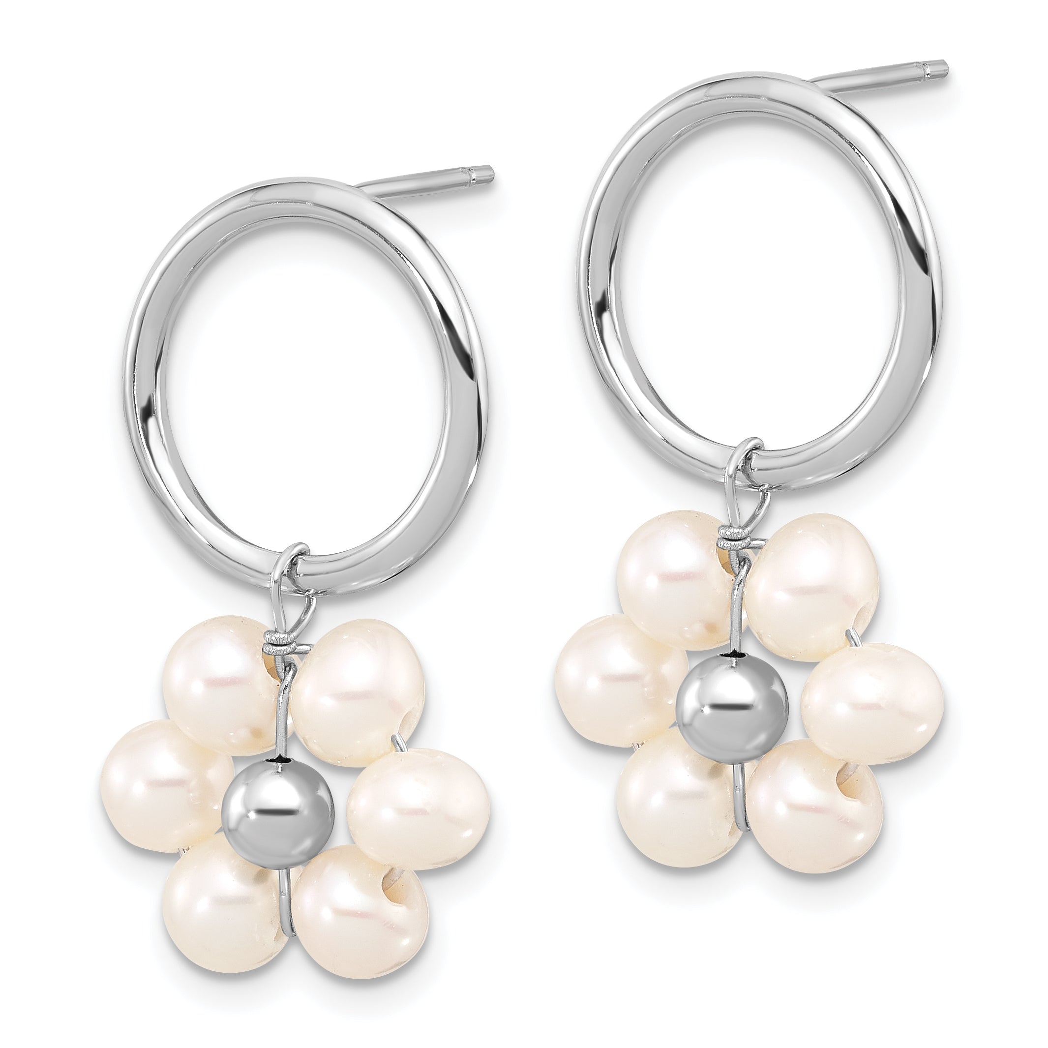 Sterling Silver RH-plated 4-5mm White FWC Pearl Flower Dangle Earrings