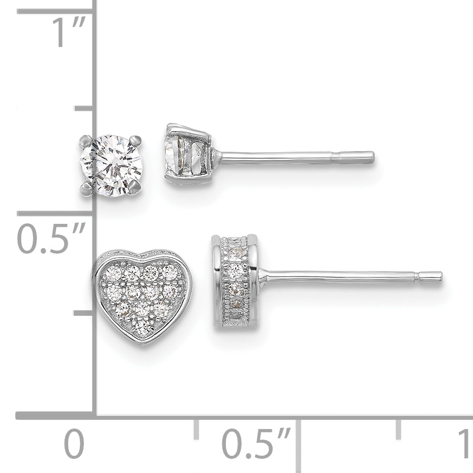 Sterling Silver RH-plated Pav‚ CZ Heart/4mm CZ Stud Post Earrings Set