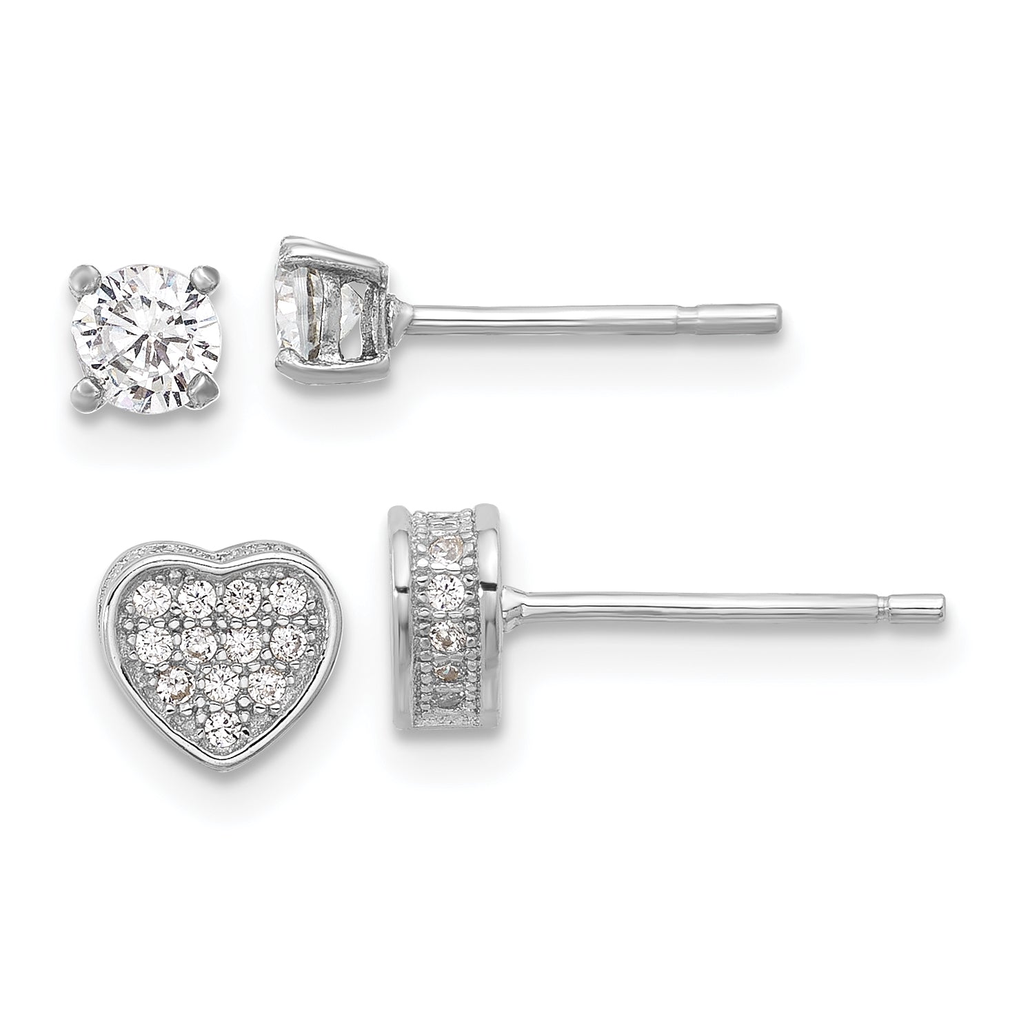 Sterling Silver RH-plated Pav‚ CZ Heart/4mm CZ Stud Post Earrings Set