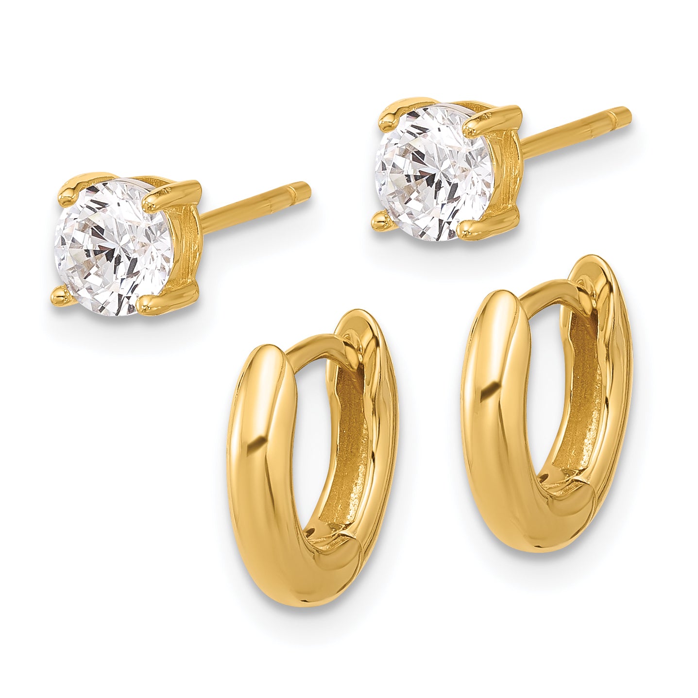 Sterling Silver Gold-tone 2.5mm Huggie Hoops/5mm CZ Stud Earrings Set