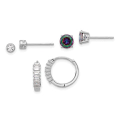 Sterling Silver RH-plated Mystique and White CZ Post/Hoop 3 Earring Set