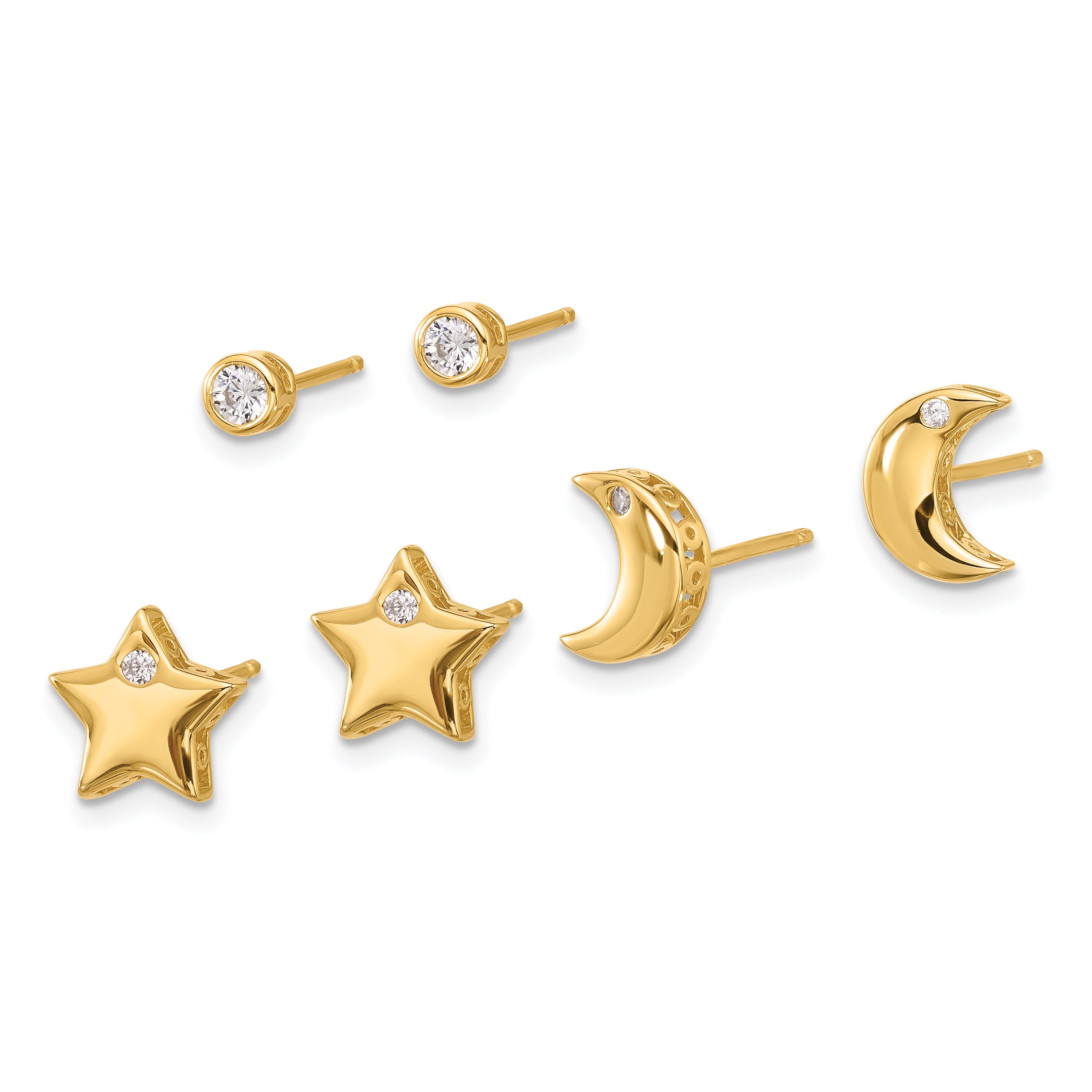 Sterling Silver Gold-tone CZ Moon/Star and Round Set of 3 Post Earring Set