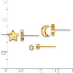 Sterling Silver Gold-tone CZ Moon/Star and Round Set of 3 Post Earring Set