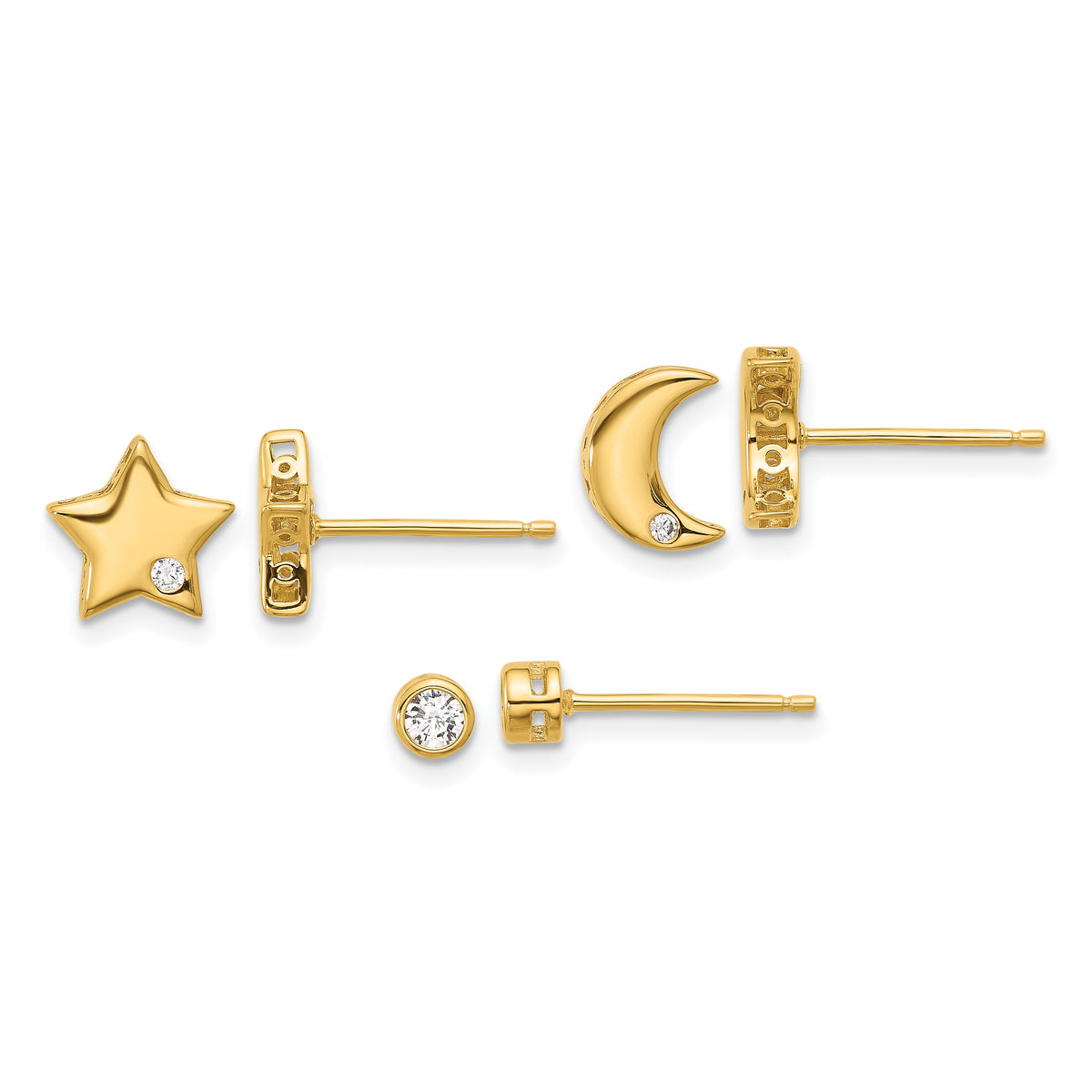 Sterling Silver Gold-tone CZ Moon/Star and Round Set of 3 Post Earring Set