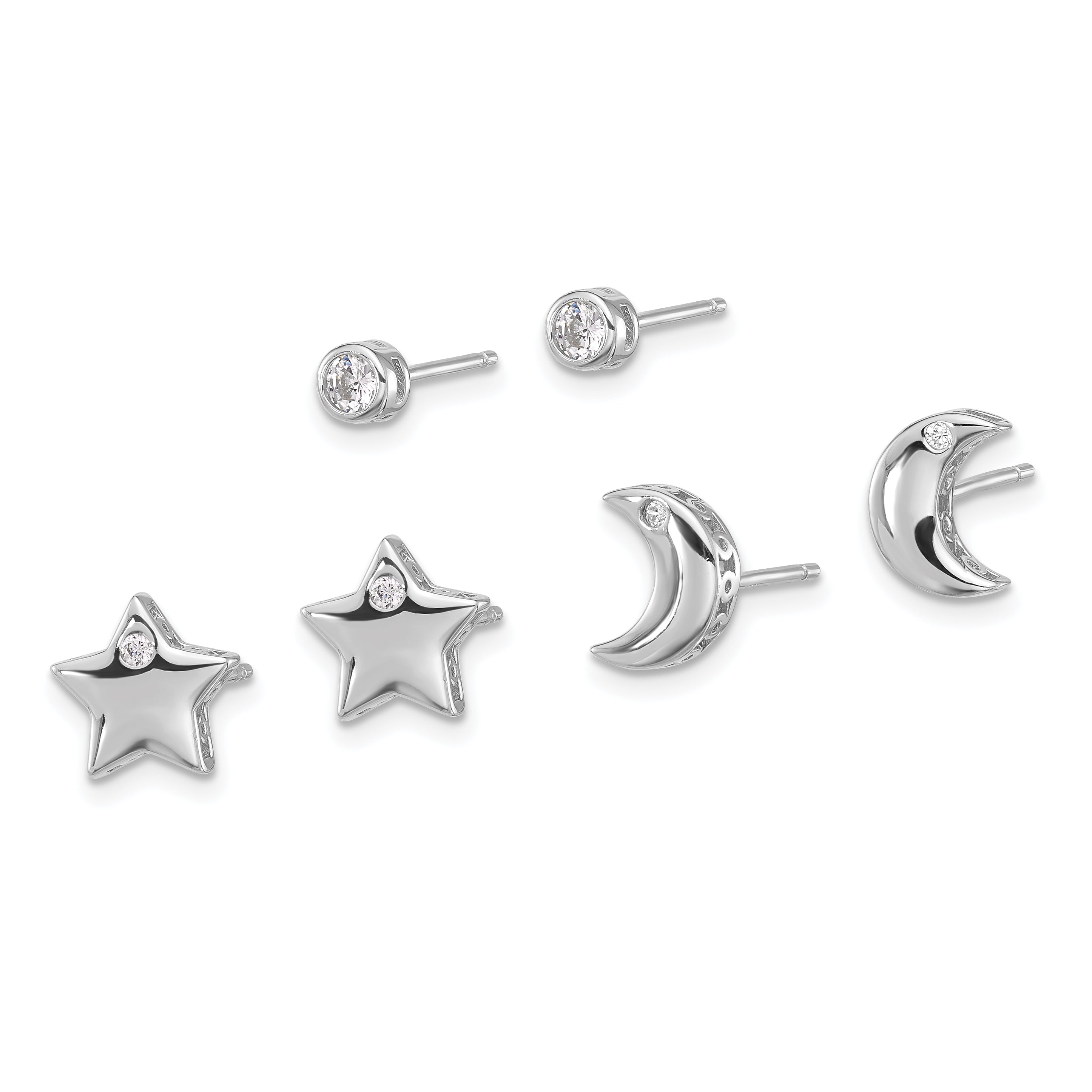 Sterling Silver RH-plated CZ Moon/Star and Round Set of 3 Post Earring Set