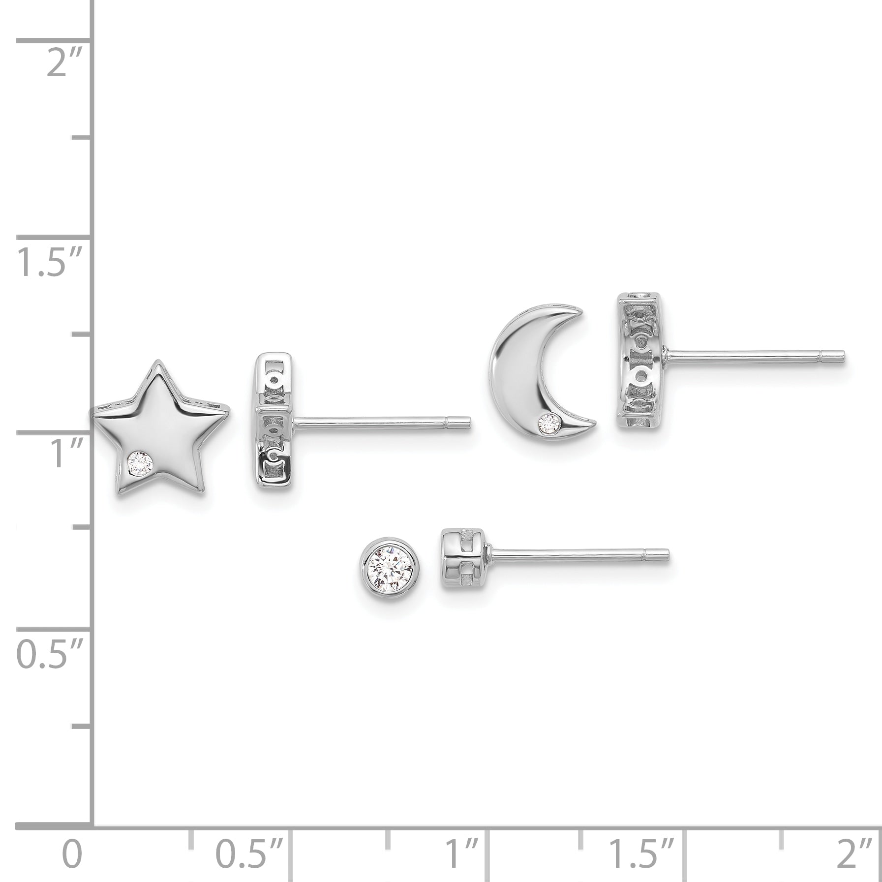 Sterling Silver RH-plated CZ Moon/Star and Round Set of 3 Post Earring Set