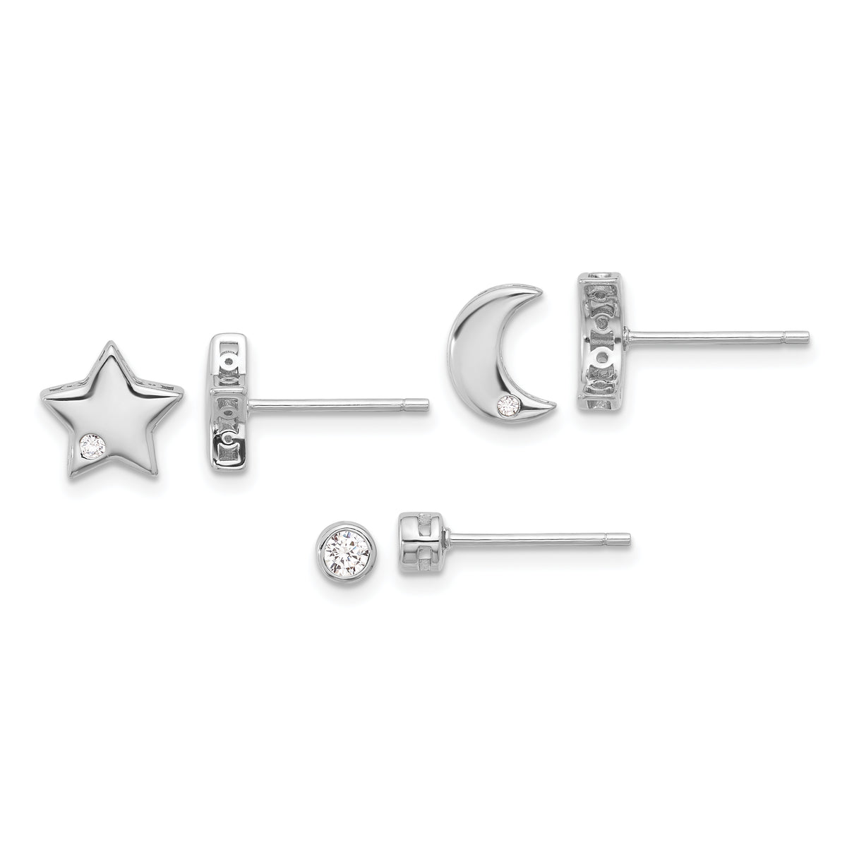 Sterling Silver RH-plated CZ Moon/Star and Round Set of 3 Post Earring Set